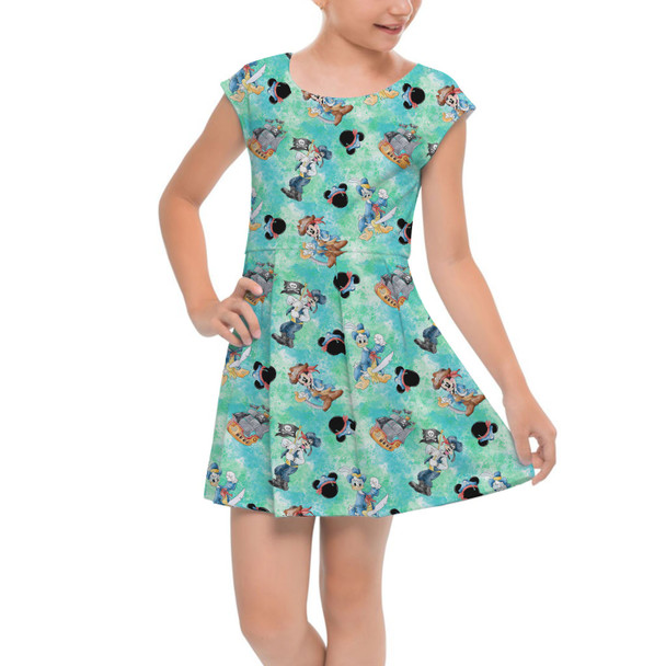 Girls Cap Sleeve Pleated Dress - Mickey Donald Goofy Pirate Crew