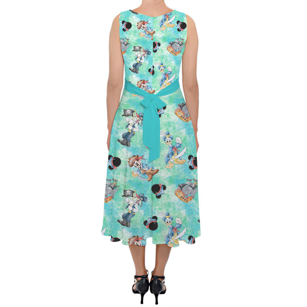 Belted Chiffon Midi Dress - Mickey Donald Goofy Pirate Crew