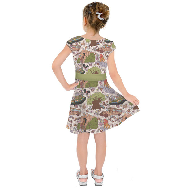 Girls Short Sleeve Skater Dress - Hand Drawn Animal Kingdom