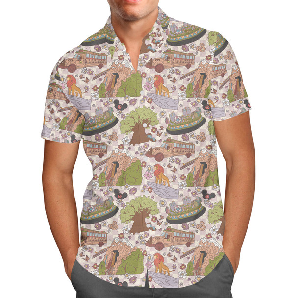 Men's Button Down Short Sleeve Shirt - Hand Drawn Animal Kingdom