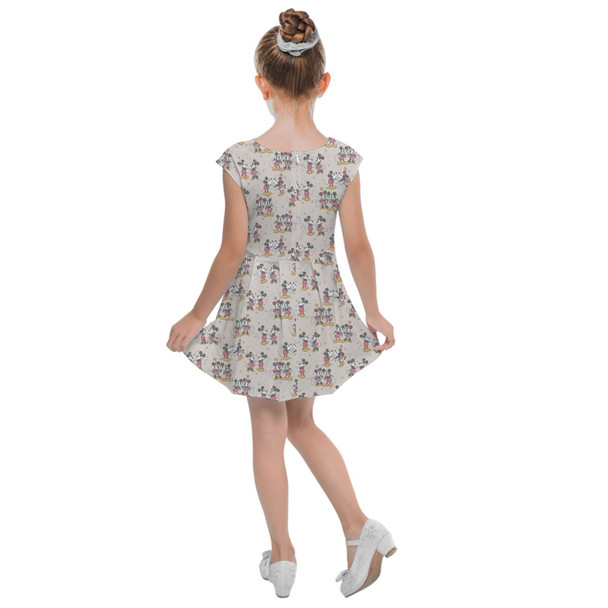 Girls Cap Sleeve Pleated Dress - Retro Mickey & Minnie