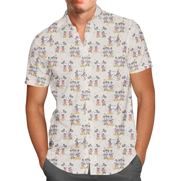 Men's Button Down Short Sleeve Shirt - Retro Mickey & Minnie