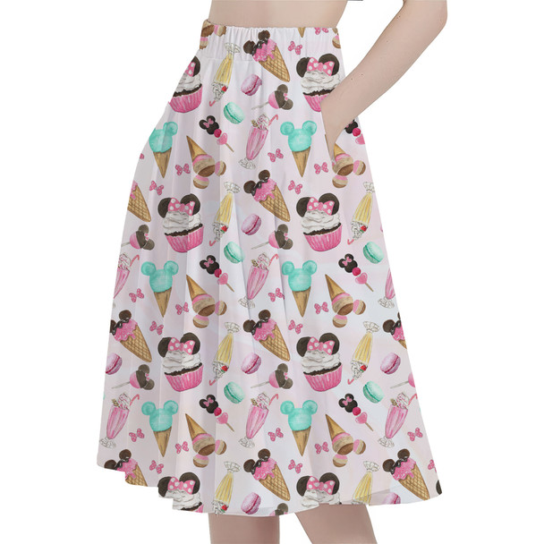 A-Line Pocket Skirt - Mouse Ears Snacks in Pastel Watercolor