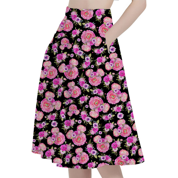 A-Line Pocket Skirt - Fuchsia Pink Floral Minnie Ears