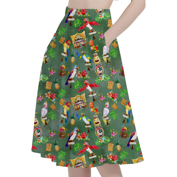 A-Line Pocket Skirt - Orange Bird & Tiki Friends