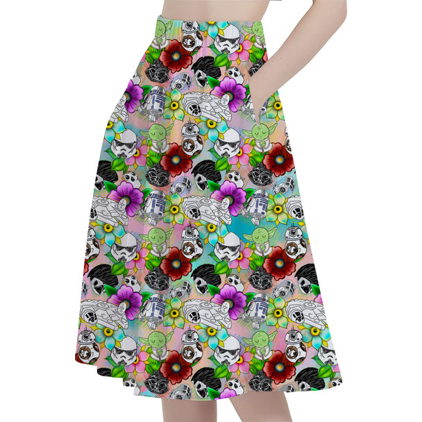 A-Line Pocket Skirt - Sketched Floral Star Wars