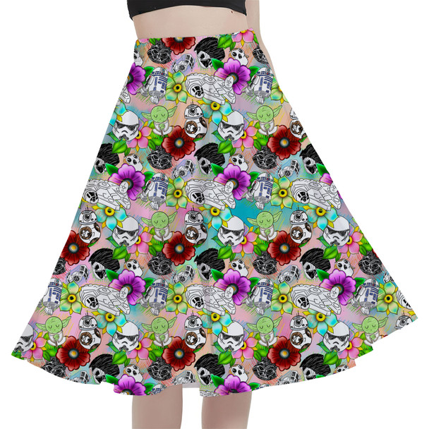 A-Line Pocket Skirt - Sketched Floral Star Wars