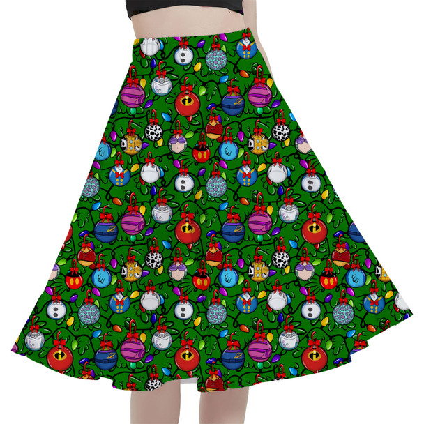 A-Line Pocket Skirt - Disney Christmas Baubles on Green