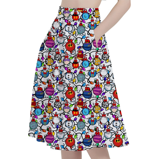 A-Line Pocket Skirt - Disney Christmas Baubles on White