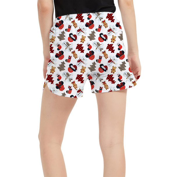 Women's Run Shorts with Pockets - Buffalo Plaid Mouse Ears Christmas