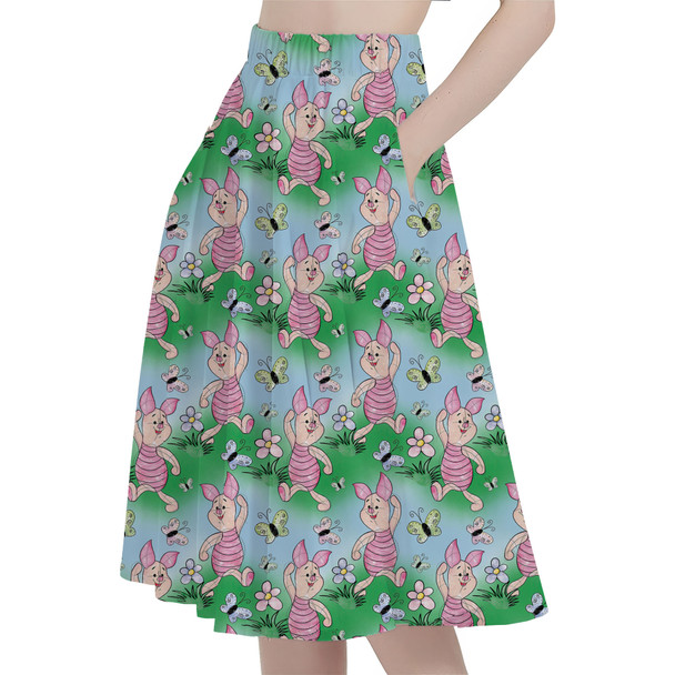 A-Line Pocket Skirt - Sketched Piglet and Butterflies