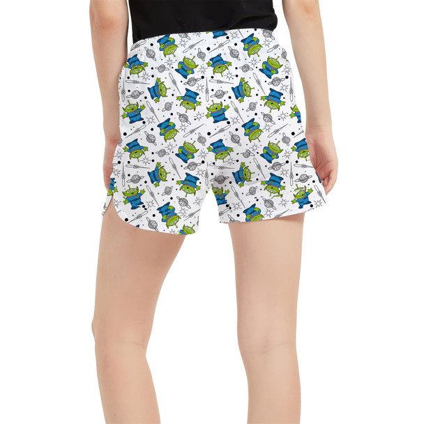 Women's Run Shorts with Pockets - Little Green Aliens on White