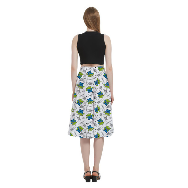 A-Line Pocket Skirt - Little Green Aliens on White