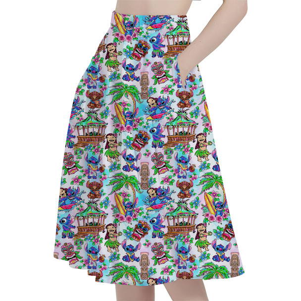 A-Line Pocket Skirt - Bright Lilo and Stitch Hand Drawn