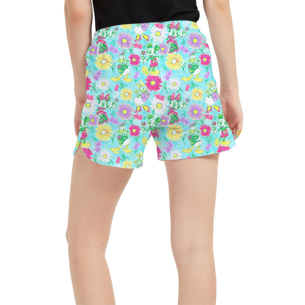 Women's Run Shorts with Pockets - Neon Spring Floral Mickey & Friends