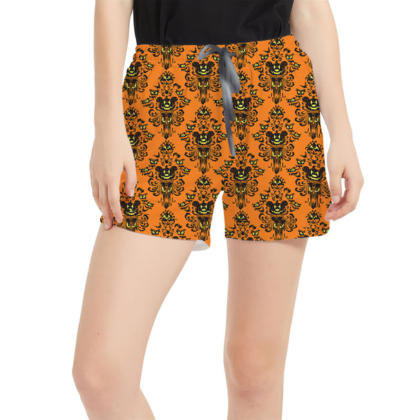 Women's Run Shorts with Pockets - Haunted Halloween Mansion Wallpaper