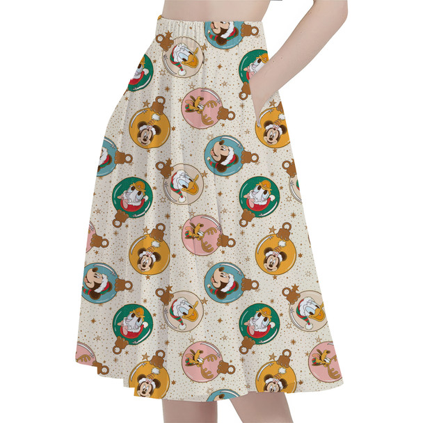 A-Line Pocket Skirt - Gold Mickey and Friends Christmas Baubles