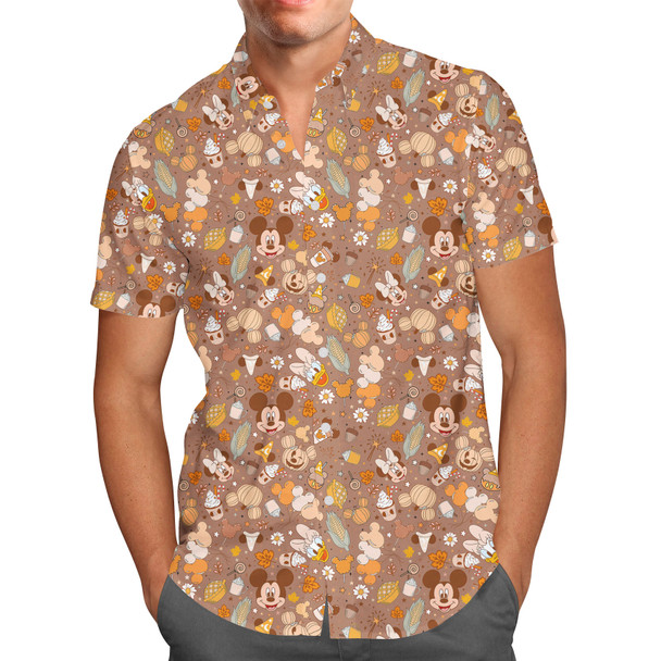 Men's Button Down Short Sleeve Shirt - Mickey & Friends Pumpkin Spice Fall