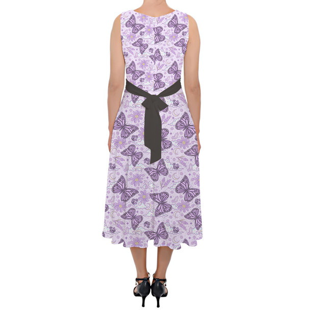 Belted Chiffon Midi Dress - Lavender Butterflies