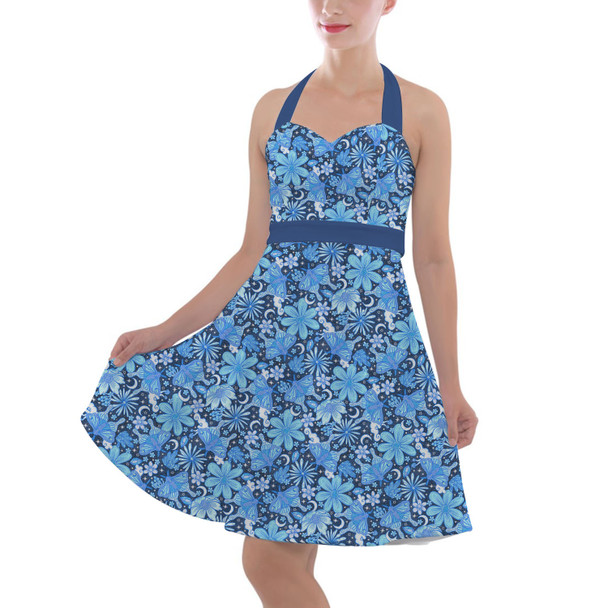 Halter Vintage Style Dress - Blue Crystal Moths