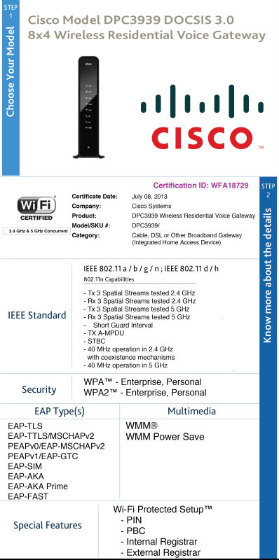 Cisco voice gateway 3939 Model DPC3939 DOCSIS 3.0 8x4 Wireless Residential Voice Gateway