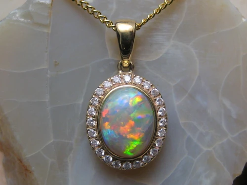 opal diamond halo pendant