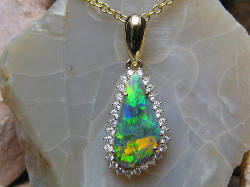 black opal diamond halo pendant