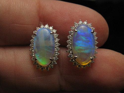 crystal opal diamond halo earrings in 14k white gold