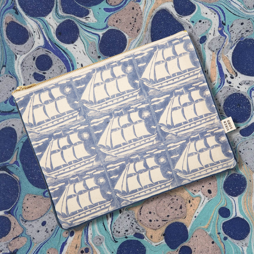 Ship Block Print Canvas Pouch 8.5"x11" | Nautical Zip Bag