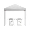 Flash Furniture Otis Portable Tailgate/Event Tent Set 8'x8' White Pop Up Canopy Tent, 6-Foot Bi-Fold Table, Set of 4 White Folding Chairs, Model# JJ-GZ88183Z-4LEL3-WHWH-GG