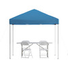 Flash Furniture Otis Portable Tailgate/Event Tent Set 8'x8' Blue Pop Up Canopy Tent, 6-Foot Bi-Fold Table, Set of 4 White Folding Chairs, Model# JJ-GZ88183Z-4LEL3-BLWH-GG