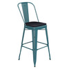 Flash Furniture Carly Commercial Grade 30" High Kelly Blue-Teal Metal Indoor-Outdoor Barstool w/ Back w/ Black Poly Resin Wood Seat, Model# ET-3534-30-KB-PL1B-GG