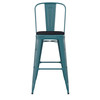 Flash Furniture Carly Commercial Grade 30" High Kelly Blue-Teal Metal Indoor-Outdoor Barstool w/ Back w/ Black Poly Resin Wood Seat, Model# ET-3534-30-KB-PL1B-GG