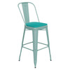 Flash Furniture Carly Commercial Grade 30" High Mint Green Metal Indoor-Outdoor Barstool w/ Back w/ Mint Green Poly Resin Wood Seat, Model# ET-3534-30-MINT-PL1M-GG