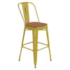 Flash Furniture Carly Commercial Grade 30" High Yellow Metal Indoor-Outdoor Barstool w/ Back w/ Teak Poly Resin Wood Seat, Model# ET-3534-30-YL-PL1T-GG