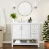 Flash Furniture Vega 42 Inch Bathroom Vanity w/ Sink, Storage Cabinet w/ Soft Close Doors, Open Shelf & 3 Drawers, Carrara Marble Finish Countertop, White/White, Model# FS-VEGA42-WH-GG