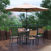 Flash Furniture Lark 7 Piece All-Weather Deck or Patio Set 4 Stacking Faux Teak Chairs, 35" Square Faux Teak Table, Tan Umbrella & Base, Model# XU-DG-810060364-UB19BTN-GG