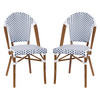 Flash Furniture Lourdes Set of 2 Indoor/Outdoor Commercial French Bistro Stacking Chair, White/Navy PE Rattan Back & Seat, Bamboo Print Aluminum Frame in Natural, Model# 2-SDA-AD642001-F-WHNVY-NAT-GG