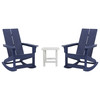 Flash Furniture Set of 2 Navy Finn Modern Commercial Grade All-Weather 2-Slat Poly Resin Rocking Adirondack Chairs w/ Complementary White Side Table, Model# JJ-C14709-2-T14001-NW-GG