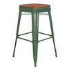 Flash Furniture Kai Commercial Grade 30" High Backless Green Metal Indoor-Outdoor Barstool w/ Teak Poly Resin Wood Seat, Model# CH-31320-30-GN-PL2T-GG