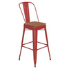 Flash Furniture Kai Commercial Grade 30" High Red Metal Indoor-Outdoor Bar Height Stool w/ Removable Back & Teak All-Weather Poly Resin Seat, Model# CH-31320-30GB-RED-PL2T-GG