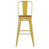 Flash Furniture Kai Commercial Grade 30" High Yellow Metal Indoor-Outdoor Bar Height Stool w/ Removable Back & Teak All-Weather Poly Resin Seat, Model# CH-31320-30GB-YL-PL2T-GG