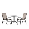 Flash Furniture Brazos 3 Piece Outdoor Patio Dining Set 23.5" Square Tempered Glass Patio Table, 2 Brown Flex Comfort Stack Chairs, Model# TLH-073A1303C-BN-GG