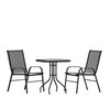 Flash Furniture Brazos 3 Piece Outdoor Patio Dining Set 23.5" Square Tempered Glass Patio Table, 2 Black Flex Comfort Stack Chairs, Model# TLH-073A1303C-GG