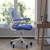 Flash Furniture Kelista Mid-Back Blue Mesh Swivel Ergonomic Task Office Chair w/ White Frame, Flip-Up Arms, & Transparent Roller Wheels, Model# BL-X-5M-WH-BLUE-RLB-GG