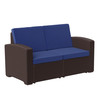 Flash Furniture Seneca Brown Faux Rattan Loveseat w/ All-Weather Navy Cushions, Model# DAD-SF1-2-BNNV-GG