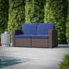 Flash Furniture Seneca Brown Faux Rattan Loveseat w/ All-Weather Navy Cushions, Model# DAD-SF1-2-BNNV-GG