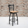 Flash Furniture HERCULES Series Black ''X'' Back Swivel Metal Barstool Natural Wood Seat, Model# XU-6F8B-XSWVL-NATW-GG