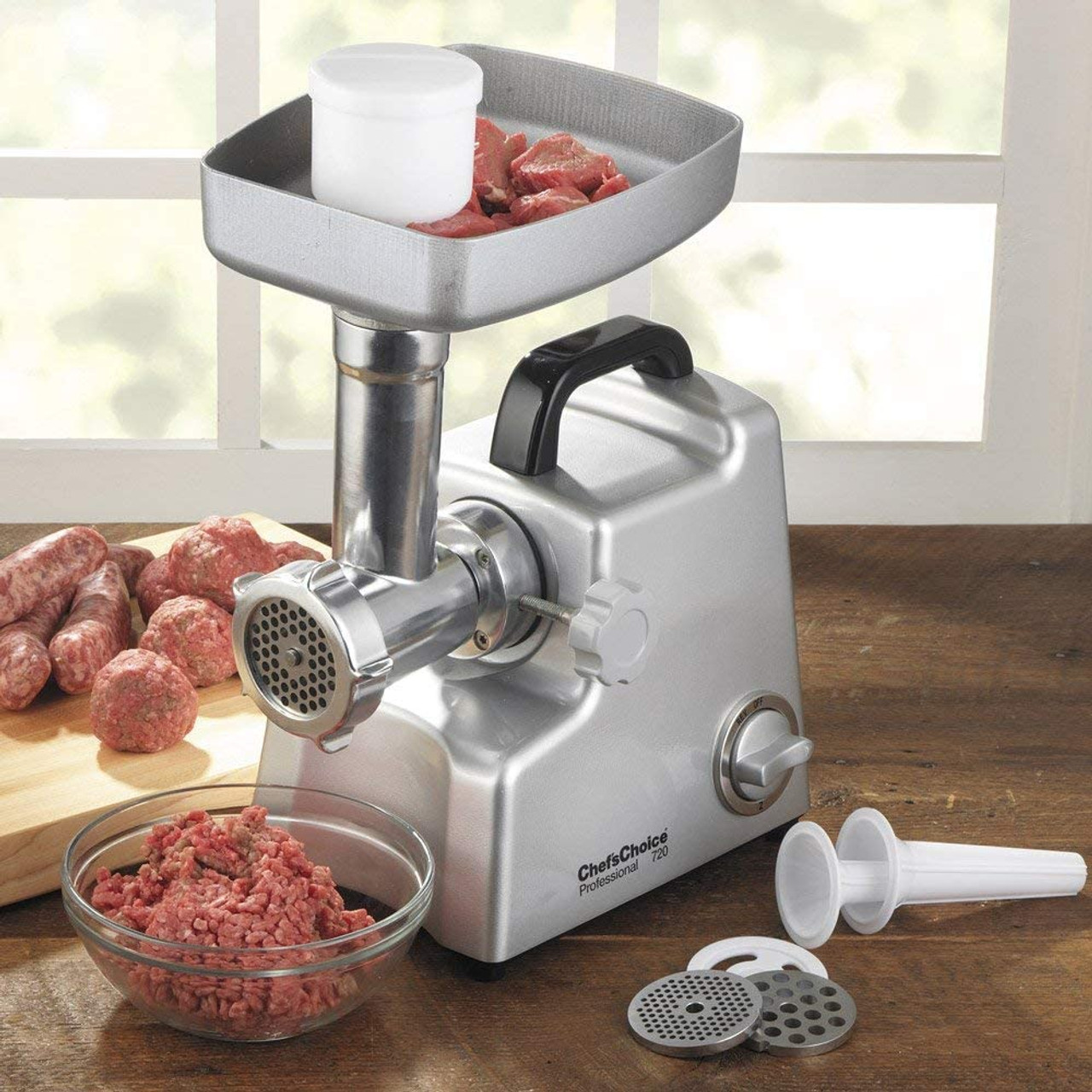 Chefs Choice 720 Meat Grinder with 3 Stainless Steel Grinding Plates &  Sausage Stuffing Kit, Model# 7200000