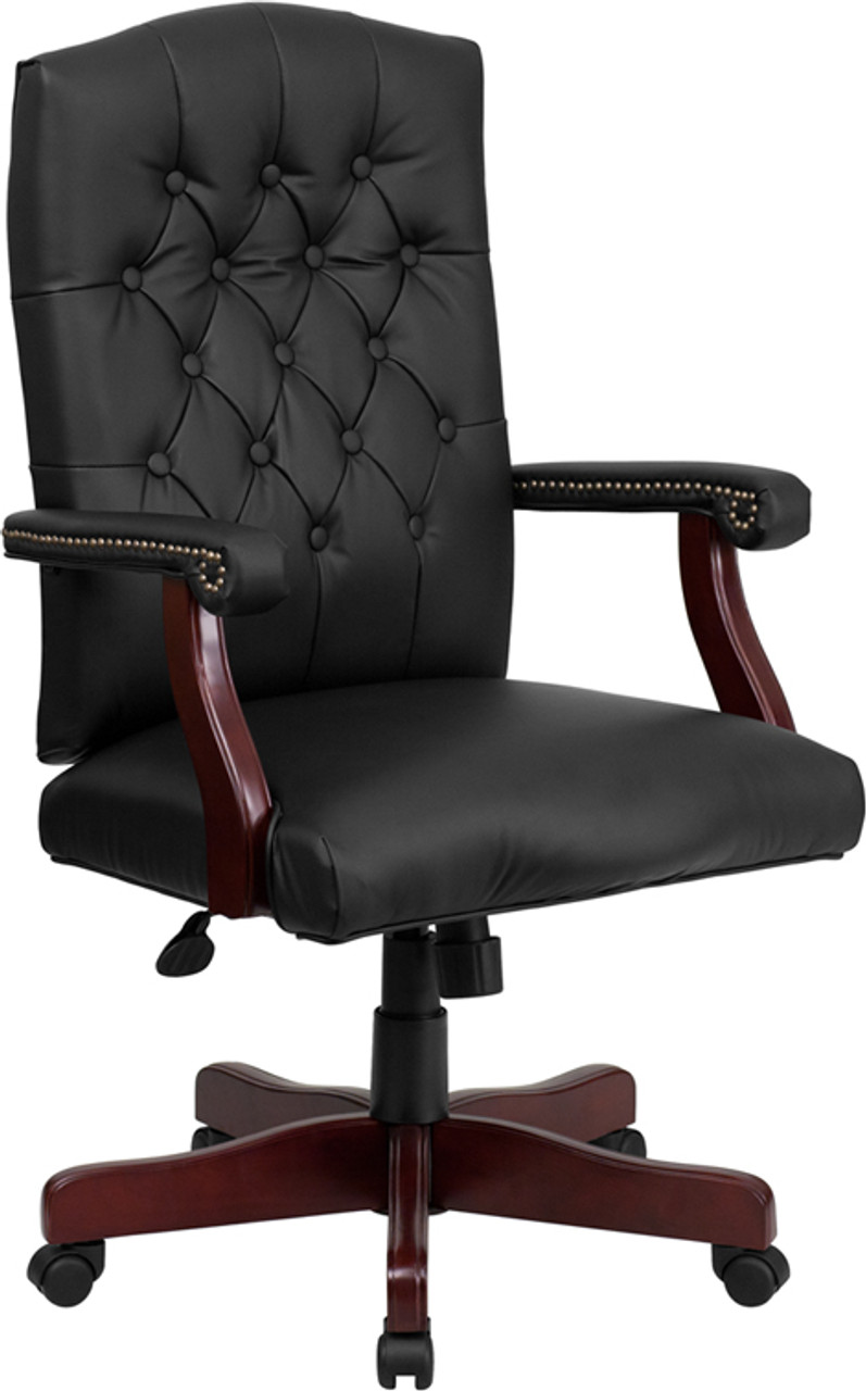 Luxuriously Overstuffed Mid-Back Black Leather Executive Office
